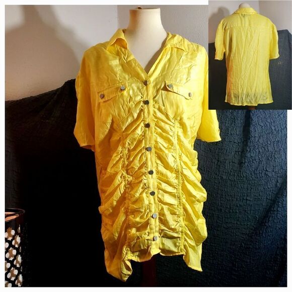 Ashley Stewart Yellow Button Down Rouched Top Size 18W - Picture 1 of 12